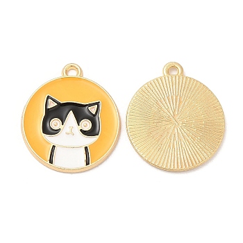 Cute Alloy Pendants, with Enamel, Golden, Cadmium Free & Lead Free, Flat Round with Cat Shape Charms, Orange, 24x20.5x1.5mm, Hole: 1.6mm