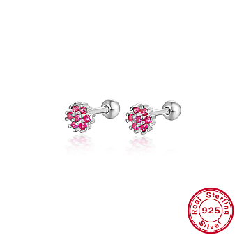 Rhodium Plated Platinum 925 Sterling Silver Flower Stud Earrings, with Cubic Zirconia, Deep Pink, 5mm