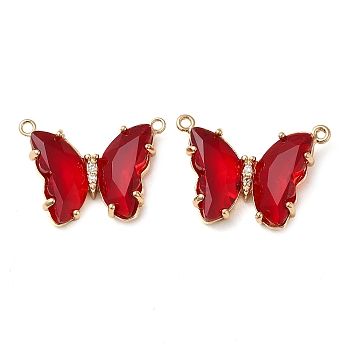 Brass Pave Faceted Glass Connector Charms, Golden Tone Butterfly Links, FireBrick, 17.5x23x5mm, Hole: 0.9mm