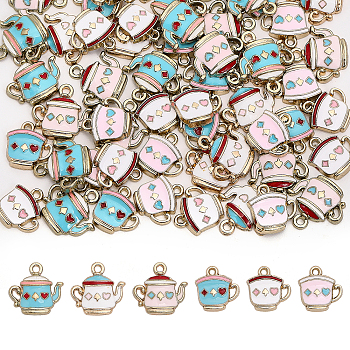 60Pcs 6 Styles Alloy Pendant, with Enamel, Light Gold, Cup with Playing Cards Pattern Charm, Mixed Color, 15~17x14~18x3~3.5mm, Hole: 1.5~1.8mm, 10pcs/style