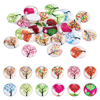 24Pcs 12 Style Glass Cabochon, Half Round/Dome with Heart Tree Pattern, Mixed Color, 12x4.3mm, 2pcs/style