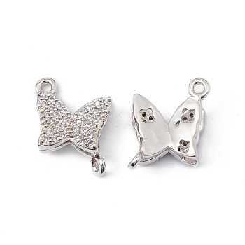 Brass Micro Pave Clear Cubic Zirconia Connector Charms, Cadmium Free & Lead Free, Butterfly, Platinum, 12x16x4mm, Hole: 1.2mm