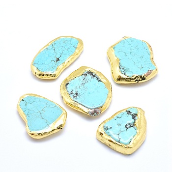 Natural Howlite Beads, Edge Golden Plated, Dyed & Heated, Nuggets, 32~45x23~32x6~8.5mm, Hole: 0.8~2mm