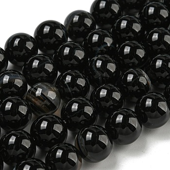 Natural Striped Agate/Banded Agate Beads Strands, Dyed, Round, Black, 10mm, Hole: 1mm