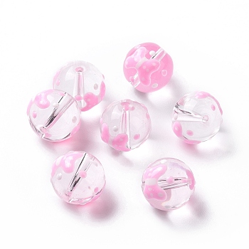 Transparent Glass Beads, with Enamel, Round, Pink, Bowknot Pattern, 11.5~12x11mm, Hole: 1.5~1.6mm