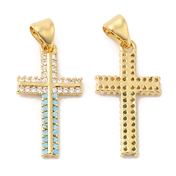 Brass Micro Pave Cubic Zirconia Pendants, Cross, Real 16K Gold Plated, 22x12x2mm, Hole: 5x3.5mm