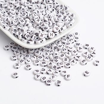 Acrylic Horizontal Hole Letter Beads, Flat Round, Size: about 7mm in diameter, 3mm thick, hole: 1.5mm, about 4060pcs/500g.