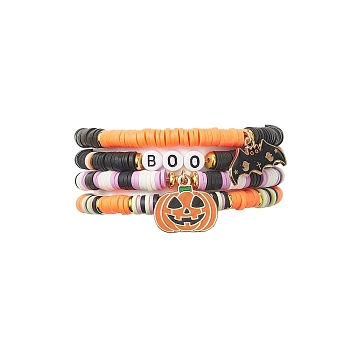 4Pcs 4 Style Polymer Clay Heishi Surfer Stretch Bracelets Set, Pumpkin & Bat & Word Alloy Enamel Charms Stackable Bracelets for Halloween, Mixed Color, Inner Diameter: 2-1/4 inch(5.8cm), 1Pc/style