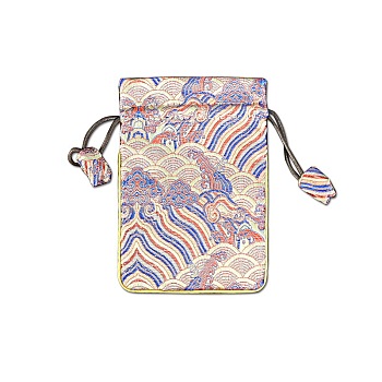 Chinese Style Cloth Landscape Print Bags, Drawstring Pouches for Jewelry Storage, Rectangle, Lemon Chiffon, 15x10cm