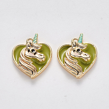 Brass Enamel Pendants, Nickel Free, Heart with Unicorn, Real 18K Gold Plated, Lime Green, 13.5x11.5x3.5mm, Hole: 1mm