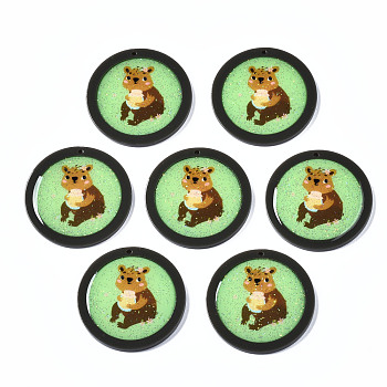 Autumn Theme Printed Acrylic Pendants, with Glitter Powder, Flat Round with Squirrel, Light Green, 35x2mm, Hole: 1.5mm