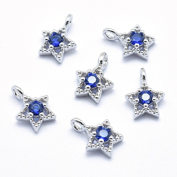 Brass Charms, with Cubic Zirconia, Lead Free & Cadmium Free & Nickel Free, Star, Blue, Real Platinum Plated, 11x7.5x4mm, Hole: 2mm