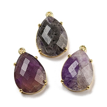 Natural Amethyst Pendants, Rack Plating Brass Faceted Teardrop Charms, Golden, 24~24.5x16~16.5x7mm, Hole: 1.5mm