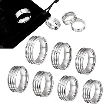 7Pcs 7 Size 304 Stainless Steel Triple Grooved Finger Rings Set for Women, Stainless Steel Color, Inner Diameter: 16.5~21.4mm, 1Pc/size