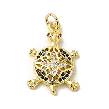 Tortoise Rack Plating Brass Micro Pave Black Cubic Zirconia Pendants, with Jump Ring, Long-Lasting Plated, Lead Free & Cadmium Free, Real 18K Gold Plated, 22.5x14.7x4mm, Hole: 3.4mm