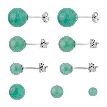 3 Pairs 3 Styles Natural Green Aventurine Round Stud Earrings with 925 Sterling Silver Pins, 15~19x4.5~6.5mm, 1 Pair/style