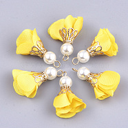 Iron Pendants, with Cloth and ABS Plastic Imitation Pearl, Flower, Golden, Orange, 25~32x15~25mm, Hole: 1~4mm(FIND-T033-07U)