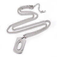 304 Stainless Steel Split Initial Pendant Necklaces, with Lobster Claw Clasps and Curb Chains, Rectangle with Letter, Letter.O, 27.55 inch(70cm), Pendant: 41x23x2mm(NJEW-L152-03O)