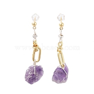 Nuggets Natural Amethyst Dangle Earrings with Brass and 925 Sterling Silver Pins, Real 14K Gold Plated, 41~42x11~11.5mm(EJEW-P256-49G)