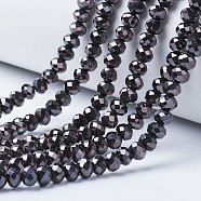 Electroplate Transparent Glass Beads Strands, Full Plated, Faceted, Rondelle, Gunmetal Plated, 6x5mm, Hole: 1mm, about 85~88pcs/strand, 16.1~16.5 inch(41~42cm)(EGLA-A034-T6mm-UA08)