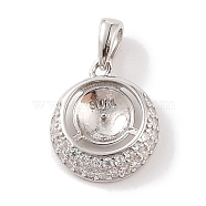 925 Sterling Silver Peg Bail Pendants, with Cubic Zirconia, Hollow Flat Round Charm, for Half Drilled Beads, Real Platinum Plated, 15x12.5x3mm, Hole: 4.5x3mm, Pin: 0.8mm(STER-B003-04P)