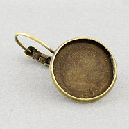 Brass Leverback Earring Findings, with Flat Round Tray, Antique Bronze, Tray: 8mm, 22x11mm, pin: 0.7mm(MAK-S003-8mm-EN001AB)