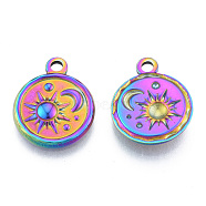 Ion Plating(IP) 201 Stainless Steel Pendants, Flat Round with Sun & Moon, Rainbow Color, 19x15.5x2.5mm, Hole: 2mm(STAS-N098-182M)