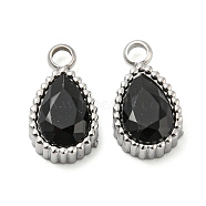 304 Stainless Steel Pendants, with Glass, Teardrop, Black, 10x5.5x4mm, Hole: 1.6mm(STAS-L022-156P-02)