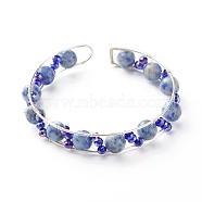 Natural Blue Spot Jasper Beads Cuff Bangle, Copper Wire Wrap Open Bangle, Stainless Steel Color, Inner Diameter: 2-1/8 inch(5.5cm)(BJEW-TA00023-04)