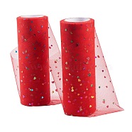 Heart Glitter Sequin Deco Mesh Ribbons, Tulle Fabric, Tulle Roll Spool Fabric For Skirt Making, Crimson, 6 inch(15cm), about 10yards/roll(9.144m/roll)(OCOR-P010-E-I07)