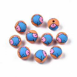 Handmade Polymer Clay Beads, Round with Fish, Coral, 9.5~11x9.5mm, Hole: 1.5mm(CLAY-S092-67)
