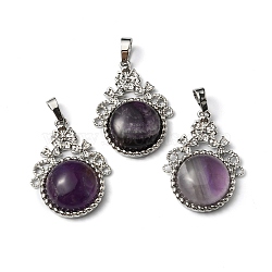 Natural Amethyst Pendants, with Rack Plating Brass Findings, Cadmium Free & Lead Free, Flat Round & Flower, 34~34.5x25.5~26x8.5~9mm, Hole: 8x5.5mm(G-P498-01P-05)