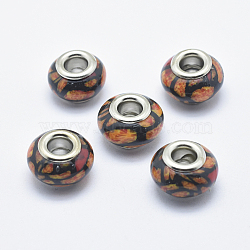 Handmade Polymer Clay European Beads, with Silver Color Plated Brass Cores, Large Hole Beads, Rondelle, Saddle Brown, 13~16x8~11mm, Hole: 4.5~5mm(CLAY-K002-C22)