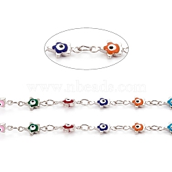 Handmade Brass Link Chains, with Enamel and Spool, Soldered, Long-Lasting Plated, Star with Evil Eye, Platinum, 10.5~11x5.5x2.5mm, about 32.8 Feet(10m)/roll(CHC-D026-06P)