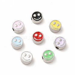 Rack Plating Alloy Enamel Beads, Cadmium Free & Nickel Free & Lead Free, Flat Round with Smiling Face Pattern, Platinum, Mixed Color, 7.5x4mm, Hole: 2mm(FIND-G051-01P)