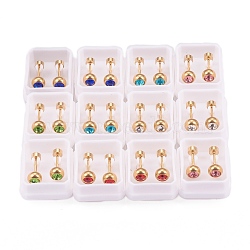 304 Stainless Steel Earlobe Plugs, Screw Back Earrings, with Rhinestone, Rondelle, Golden, Mixed Color, 13.5mm, Pin: 1mm(EJEW-H105-17)