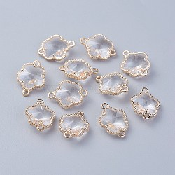 Glass Links connectors, with Eco-Friendly Alloy Open Back Berzel Findings, Flower, Light Gold, Clear, 15.5x12x5mm, Hole: 1.4mm(X-GLAA-A037-A-16KC)