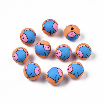 Handmade Polymer Clay Beads, Round with Fish, Coral, 9.5~11x9.5mm, Hole: 1.5mm