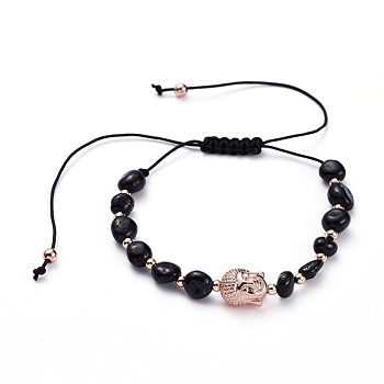 Adjustable Nylon Thread Braided Bead Bracelets, with Natural Black Tourmaline Beads and Brass Beads, Buddha Head, Inner Diameter: 1-3/4 inch~3-3/4 inch(4.5~9.5cm)