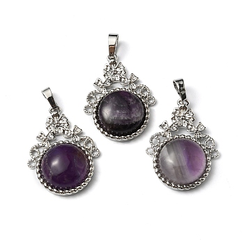 Natural Amethyst Pendants, with Rack Plating Brass Findings, Cadmium Free & Lead Free, Flat Round & Flower, 34~34.5x25.5~26x8.5~9mm, Hole: 8x5.5mm