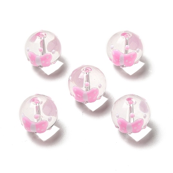 Handmade Lampwork Beads, Round with Butterfly Pattern, Pink, 13.5~14x14.5~15mm, Hole: 1.5~1.8mm