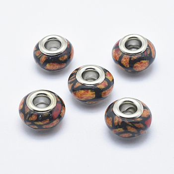 Handmade Polymer Clay European Beads, with Silver Color Plated Brass Cores, Large Hole Beads, Rondelle, Saddle Brown, 13~16x8~11mm, Hole: 4.5~5mm