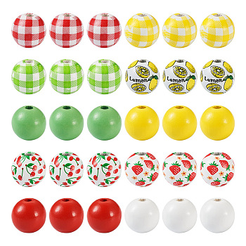 140Pcs 10 Styles Natural Wooden Beads Set, Plaid Beads, Spray Painted Beads and Printed Fruit Beads, Round, Mixed Color, 5/8 inch(16mm), Hole: 4mm