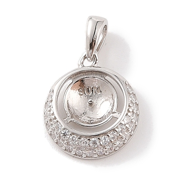 925 Sterling Silver Peg Bail Pendants, with Cubic Zirconia, Hollow Flat Round Charm, for Half Drilled Beads, Real Platinum Plated, 15x12.5x3mm, Hole: 4.5x3mm, Pin: 0.8mm