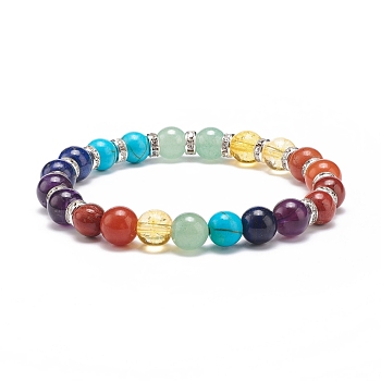 Natural & Synthetic Mixed Stone Round Beads Beaded Stretch Bracelet, 7 Chakra Jewelry for Women, Inner Diameter: 2-1/8 inch(5.35~5.4cm)