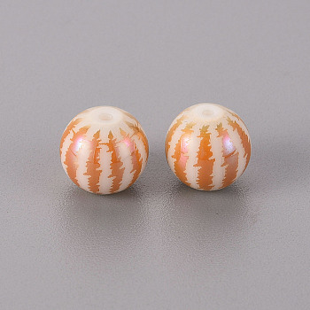 Electroplate Glass Beads, Round with Watermelon Line Pattern, Rose Gold Plated, 10mm, Hole: 1.2mm