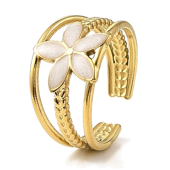 Flower 304 Stainless Steel Enamel Open Cuff Rings for Women, Real 18K Gold Plated, 12.5mm, Inner Diameter: Adjustable
