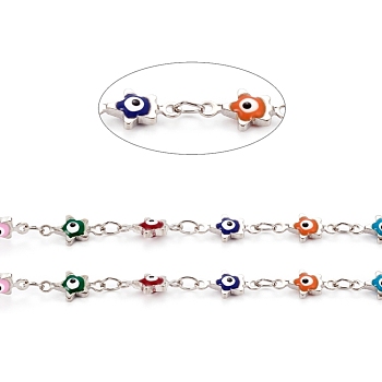 Handmade Brass Link Chains, with Enamel and Spool, Soldered, Long-Lasting Plated, Star with Evil Eye, Platinum, 10.5~11x5.5x2.5mm, about 32.8 Feet(10m)/roll