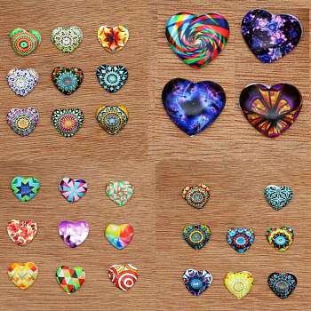 Glass Cabochons, Heart with Flower Pattern, Mixed Color, 18x18x3mm, 30pcs/bag