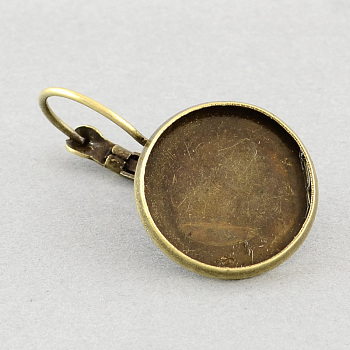 Brass Leverback Earring Findings, with Flat Round Tray, Antique Bronze, Tray: 8mm, 22x11mm, pin: 0.7mm